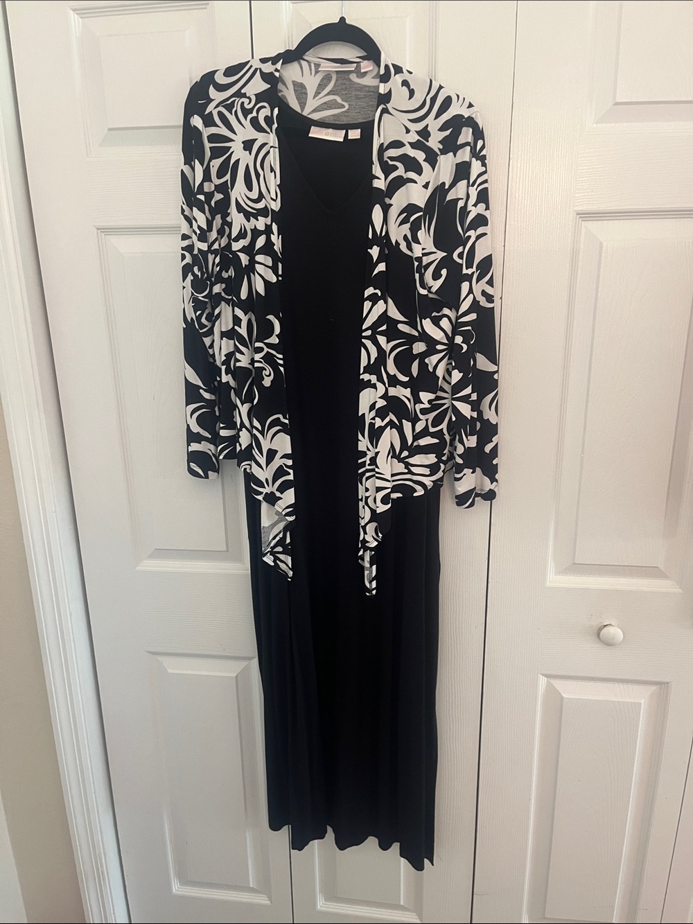 Belle by Kim Gravel Black Maxi Dress with Black & White Floral Cardigan